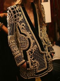 Damesster Same Style Luxury Design V-hals Barokke print Floral Beading Blazer Suit Smlxlxxl3XL