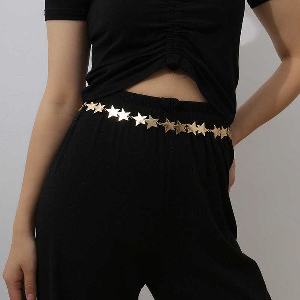 Cinturón de cadena dorada con estrellas para mujer, cinturón de Metal largo dorado con flecos plateados de diseñador, cadena de cintura para vestido de talla grande con flores G1026