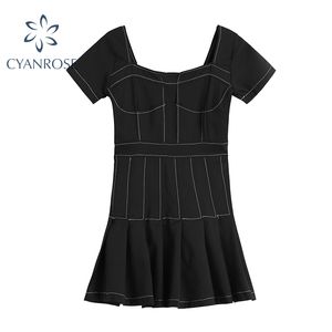 Dames gestikte ontwerp zwart geplooide jurk zomer rok streetwear retro preppy stijl gewas vestidos casual ol mini frcoks 210417