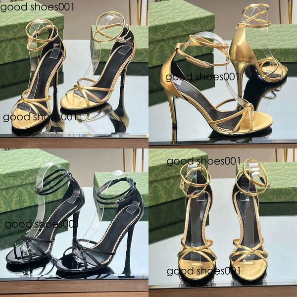 Femmes S à lacet Sandale Métallique Gol Black High Heels Patent Leathe Hise Sangle de la soirée Mode de mode Fashion Stiletto Talon Party Dress Chaussures Original Edition