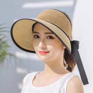 Visière en paille pour femme chapeau de soleil fille été plage casquettes large bord casquette pliable pare-soleil pour femme retrousser réglable ombre chapeau dame chapeau de soleil chapeaux de soleil