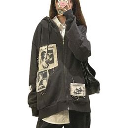 Femmes rue marron graffiti imprimé zip vintage hauts sweat à capuche sweats à capuche kawaii Blouse grunge y2k manteaux vestes d'automne 220406