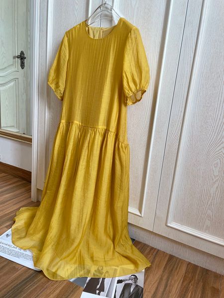 Vestidos de estilo callejero para mujer Bohemina Maxi Verano Mango Color amarillo Seda Algodón Burbuja Puff Manga Silueta Cuello redondo Moda Faldas 0524