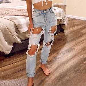 Pantalon en denim mince pour femmes Stretch Hole Street Wear Femmes Skinny Jeggings Jeans Mom Ripped Minceur Low Rise 211129