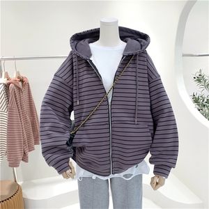 Dames Stripe Zipper Hoodie Jas Grote Maat Losse Casual Thicken Fleece Jack Full Zip Up Sherpa Lined Hooded Sweatshirt 220311