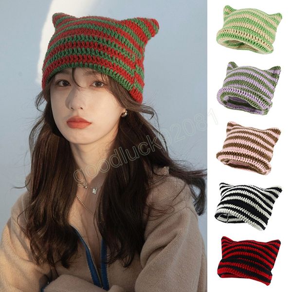 Chapeau de pull pointu élégant pour femmes mignon oreilles de chat décontracté bonnet chaud bonnet japonais petit diable rayé bonnet tricoté