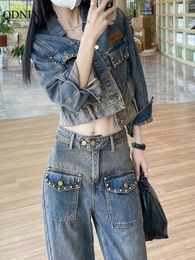Damespak met lange mouwen Koreaanse korte denim top Mode broek bijpassende sets Plus size outfit tweedelige set voor vrouwen 240117