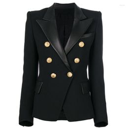 Costumes pour femmes 2022 printemps automne qualité femmes double boutonnage col en cuir PU mince noir blazer OL formel classique mini blazers