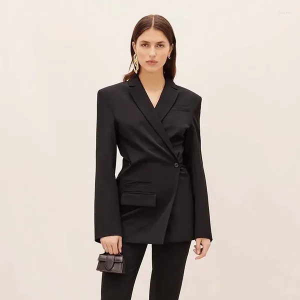 Costumes pour femmes, veste d'automne en laine noire, Double boutonnage, jolie pochette avec épaulettes, 2023