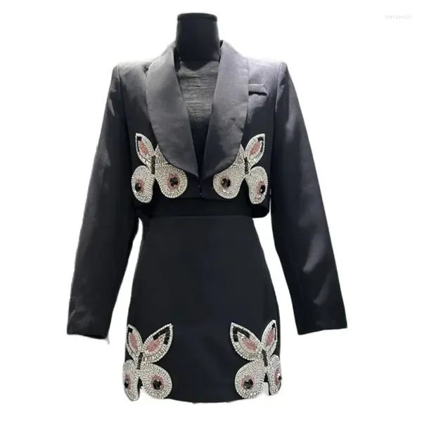 Costumes pour femmes 2023 Automne Élégant Dames Diamant Pour Femmes Revers À Manches Longues Blazer Femme Costume Veste Taille Haute Jupe Ensembles Y4363