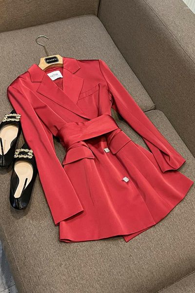 Costumes pour femmes 2023 conçu Chic haute rue couleur vive dame bureau manteau décontracté femmes à manches longues solide Blazer avec ceinture