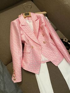 Trajes de mujer 2023 moda rosa brillante patrón geométrico doble botonadura manga larga mujer Oficina Jacquard Fit Blazer