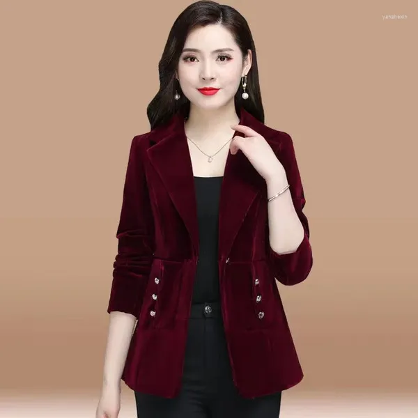 Trajes de mujer 2023 chaqueta de traje de terciopelo dorado ropa de primavera otoño chaqueta profesional para madre vino rojo