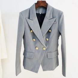 Costumes pour femmes 2023 Haute qualité Est Designer Veste Star Style Classique Lion Boutons Double Boutonnage Slim Fit Blazer Gris Pâle