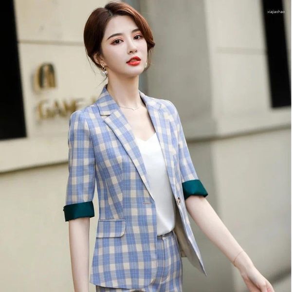 Trajes de mujer 2023 Chaqueta Mujer Noble Azul Plaid Coat OL Estilos Tela de alta calidad Blazers de verano para trabajo de negocios Blazer Outwear Tops