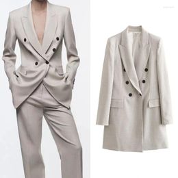 Damenanzüge 2023 lang geschnittene Blazer, elegante Reversärmel, Jacken, gepolsterte Schultern, Damenmäntel, Kleidung mit Vorderknopf