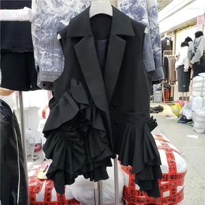 Costumes pour femmes 2023 Vêtements d'extérieur Irréguliers Couches Volants Design Lâche Mode Noir Blazers Gilet Femmes Ruché Casual Gilet Veste Manteau