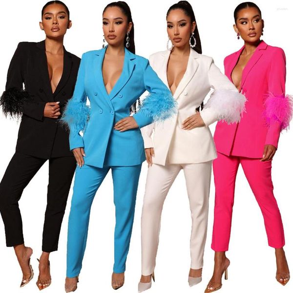 Costumes pour femmes 2023 Rose Rouge Plume Poignets Blazers Ensemble Femme 2 Pièces Automne Européenne Et Américaine Mode Féminine Droite Lyjenny