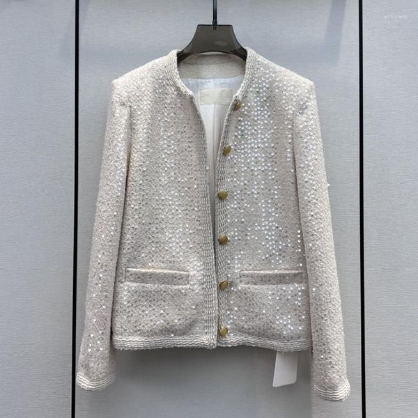 Trajes de mujer 2023 chaqueta de traje brillante decorativo de un solo pecho cuello redondo Primavera Verano mezclado Top de manga larga