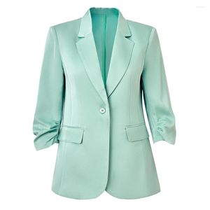 Costumes pour femmes 2023 Summer Chic Solid Silk Blazer pour femmes Costume Slim Fit Élégant Mint Jacket Office Lady One Button Casual Femme Top