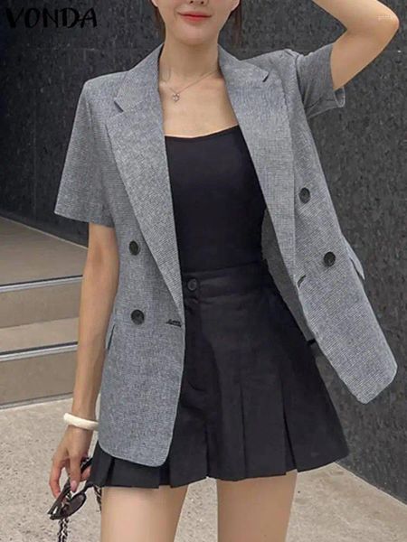 Trajes de mujer 2023 VONDA mujeres elegante oficina blazer abrigos de moda casual sexy solapa manga corta suelta color sólido outwears de gran tamaño