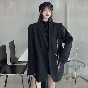 Costumes pour femmes 2023 Femmes Mode Double Boutonnage Blazer Lâche Coréen High Street Costume à manches longues Veste Noir Col cranté Dames