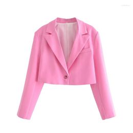 Damenanzüge 2023 Frauen Single Button Rosa Crop Blazer Vintage Langarm Reverskragen Elegante Damen Büroanzug Mantel