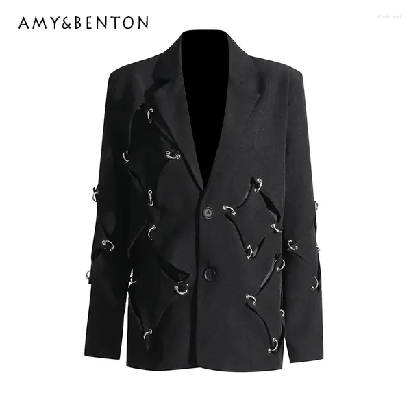 Costumes pour femmes 2024 automne métal Rivet anneau décoration profil irrégulier costume simple boutonnage asymétrique manteau veste vêtements Blazer