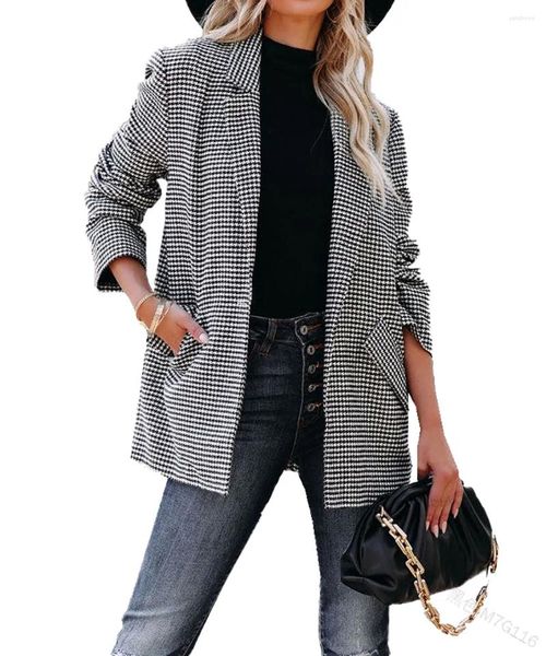 Trajes de mujer 2024 Otoño Invierno Solapa Pequeño Traje Houndstooth Top Casual Moda Un Botón Abrigo Blazer Chaqueta