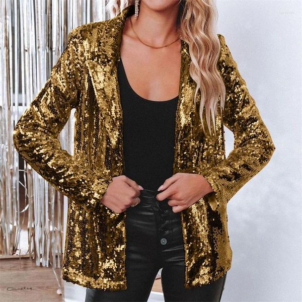 Trajes de mujer 2024 moda lentejuelas traje chaqueta mujeres streetwear blazers abrigo suelto primavera otoño mujer dorado paillette prendas de vestir exteriores casual