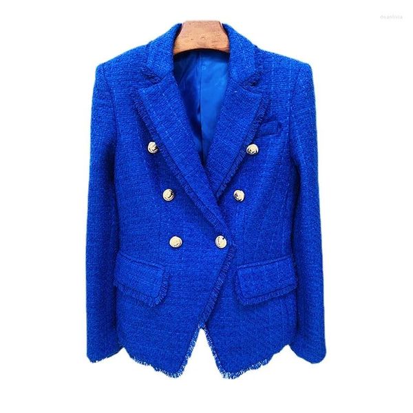 Trajes de mujer 2024 Metal Metal Metal Lion's Head Buckle Blazers Spring Autumn Clothing Trend Tweed Wool Slim Fit Blazer Azul