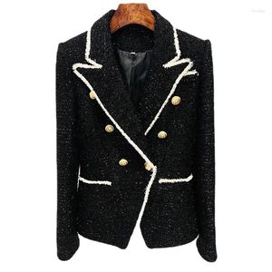 Damespakken 2024 Spring Modern Blazers White Tweed met zwarte snorharen in jassen dames herfst gouden knop slanke pak