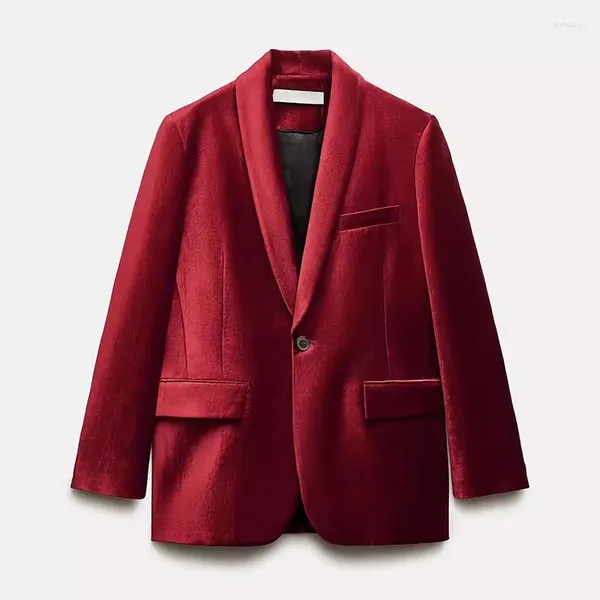 Trajes de mujer 2024 chaqueta roja de primavera para mujer chaqueta de manga larga informal de terciopelo Vintage con un solo botón ajustada para mujer elegante para oficina