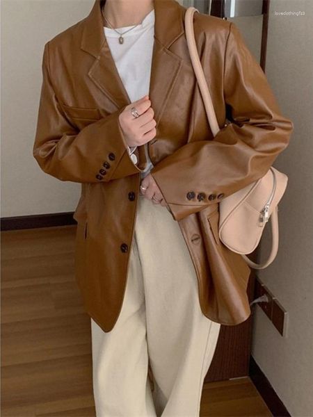 Trajes de mujer, chaqueta de cuero Artificial, abrigo elegante para mujer, chaqueta de Otoño Invierno, ropa de moda coreana, abrigos de PU para oficina para mujer