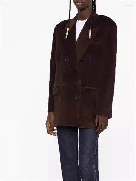 Trajes de mujer Otoño e Invierno chaqueta de pana marrón oscuro abrigo 2023 Chaqueta recta de manga larga con doble botonadura para mujer