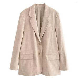 Costumes pour femmes automne dames abricot tempérament ample jolie pochette veste mince coton lin Texture simple boutonnage cranté manteau