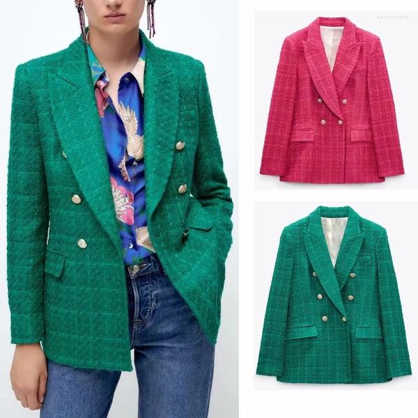 Costumes pour femmes automne Tweed mélange Double boutonnage Slim Blazer pour femmes poches Plaid mode costume Rose rouge vert