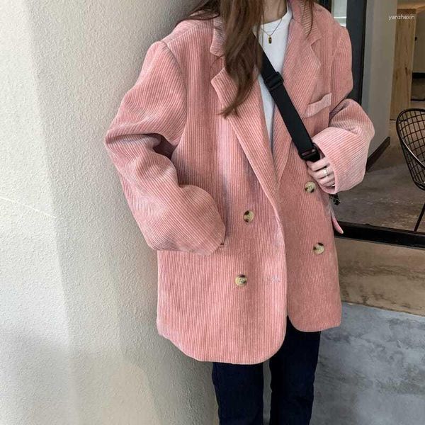 Trajes de mujer otoño Vintage pana Casual chaqueta corta traje abrigo viajero suelto sólido Pit chaqueta con cuello a rayas Mujer