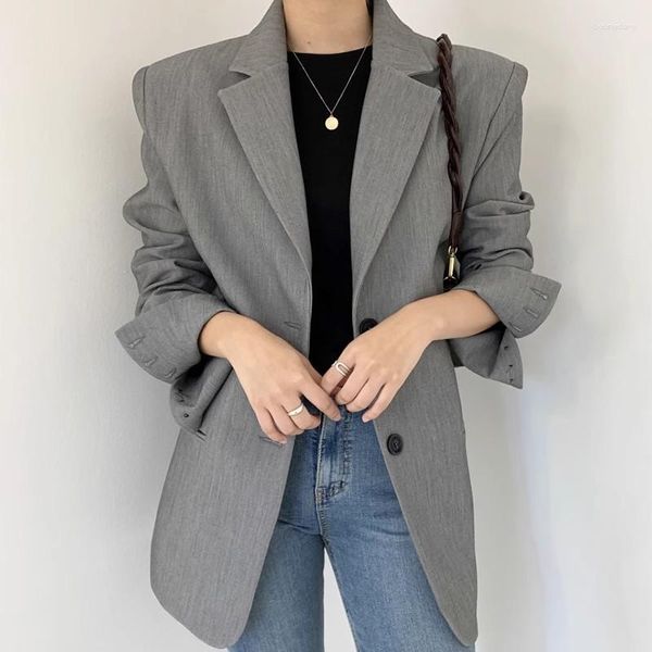 Trajes de mujer Otoño Vintage solapa de un solo pecho de manga larga traje corto chaqueta mujer coreano gris caqui negro suelto Casual chaqueta femenina
