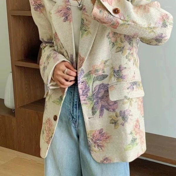 Costumes pour femmes automne Vintage Smail Style parfumé court motif de fleurs Blazer manteau décontracté doux imprimé col ample