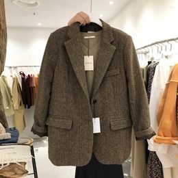 Costumes pour femmes automne / hiver britannique British Short Loose Wool Tweed Blazer Coats Retro Casual Colomb Couleur Blazers pour femme
