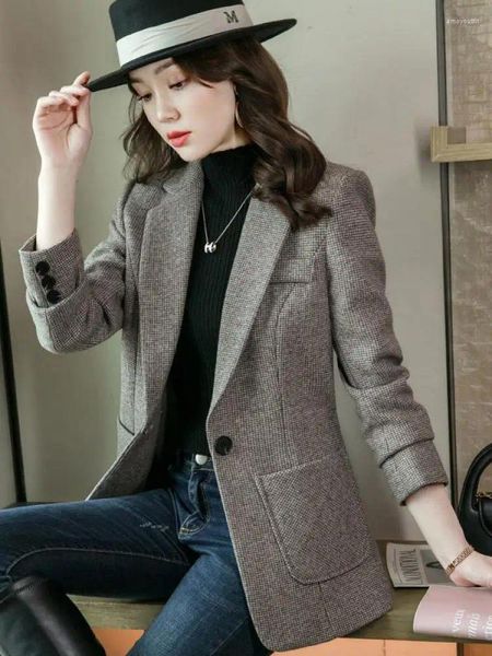Costumes pour femmes Automne hiver coréen femmes gris à manches longues Blazer épais chaud veste femme marron tempérament bureau dame polyvalent costume hauts