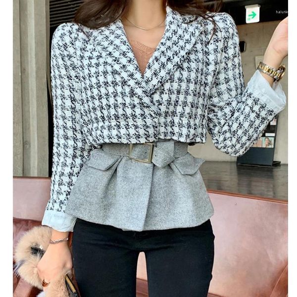 Costumes pour femmes Automne Hiver Vintage Bureau Dames Plaid Blazer À Manches Longues Manteau Lâche Veste Femmes Blazers Manteaux En Laine Femme Ceinture Mince