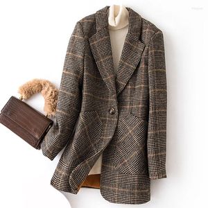 Damespakken Herfst Winter Vintage Vrouwen Geruite Pak Wollen Jas Dames Slanke Casual Wollen Blazer Enkele Breastered Jas Traje A Cuadros