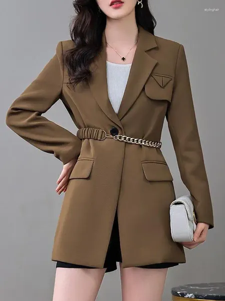 Trajes de mujer Otoño Invierno Mujer Formal Slim Brown Blazer Lady Office Work Bolsillos Abrigo Mujer Negro Traje con muescas Chaqueta Femme Cinturón de cadena