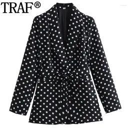 Costume femme ceinture longue Blazer femme manches à pois noir femmes élégant tenue de bureau décontracté bouton automne veste