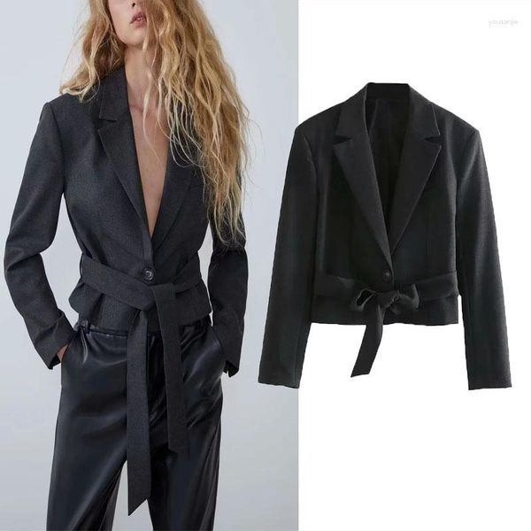 Costumes pour femmes Blazer ceinturé pour femme 2023 Mode Revers à manches longues Vestes de culture Casual Noir Bouton unique Blazers Femmes Slim Outwear