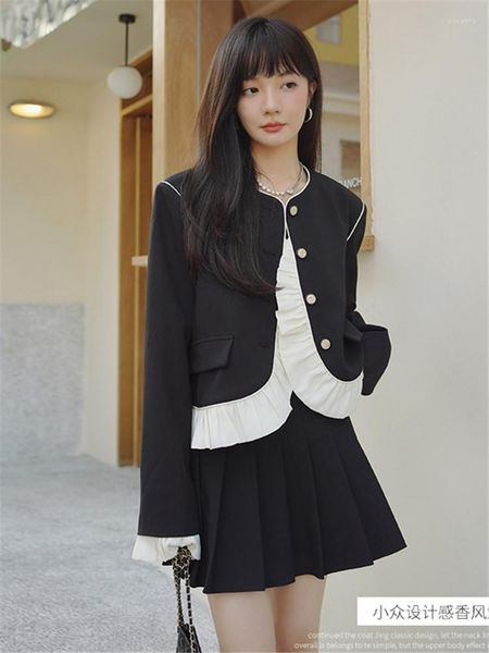 Costumes pour femmes noir Blazer manteau 2023 printemps à manches longues col rond Vintage élégant décontracté lâche Style coréen costume veste survêtement femme 8803