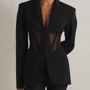 Trajes de mujer Blazer casual negro para mujer Malla sexy Ver a través de Blazers delgados Otoño Invierno Moda Manga larga Botón Club Abrigos de fiesta