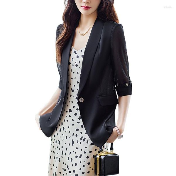 Costumes pour femmes noir en mousseline de soie Blazer femmes 2023 été mode tempérament haut de gamme demi manches mince veste bureau dames travail manteau